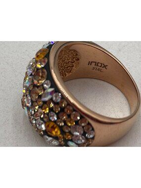 INOX 316L Copper-Tone Stainless Steel Ring Multicolor Crystal Accents Cocktail